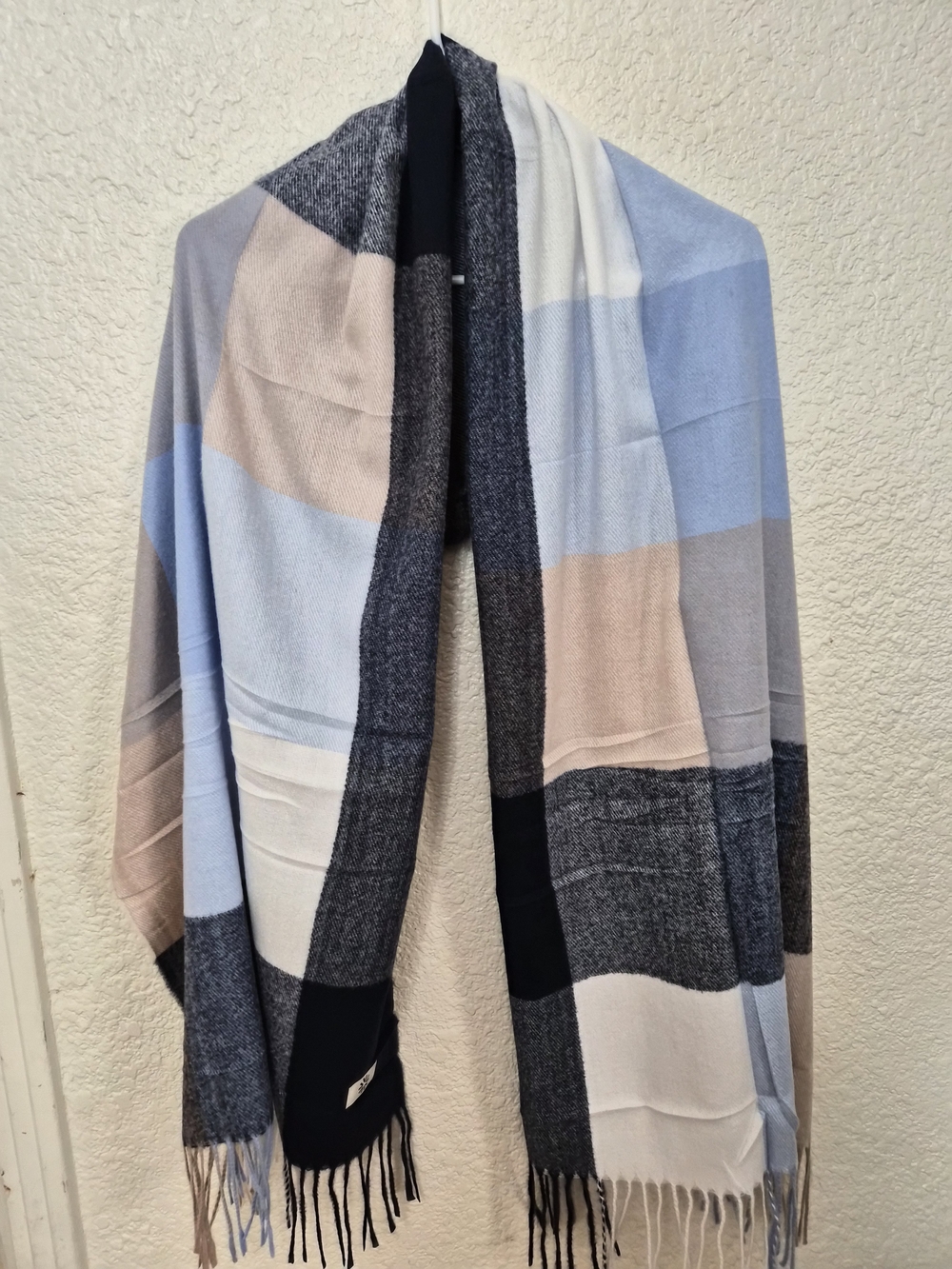 Cozy Plaid Fringe Scarf in Light Blue, Navy & Cream